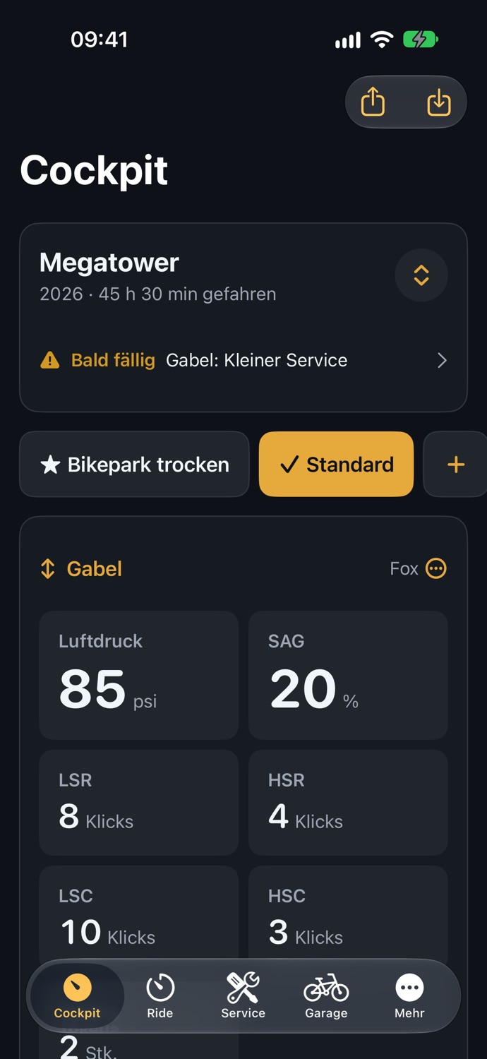 SagForge Cockpit mit Luftdruck, SAG und Klicks